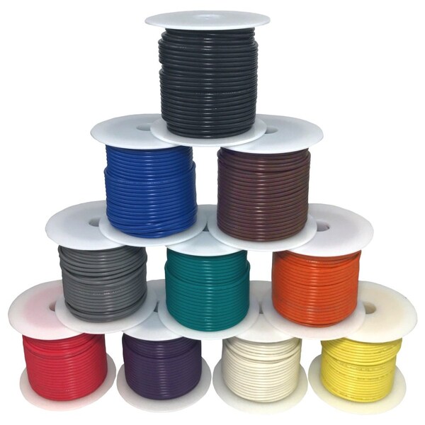 Hookup Wire, 10 AWG, Black/Blue/Brown/Gray/Green/Orange/Red/Violet/White/Yellow, 100 ft
